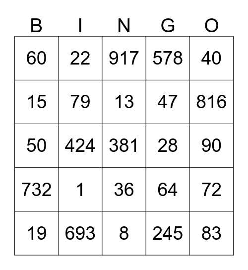 Number Bingo Card