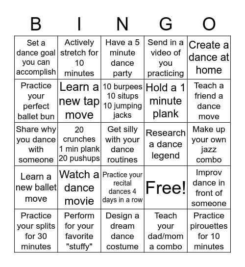 Let's Dance Bingo Card