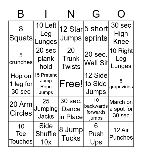 PE Bingo  Bingo Card