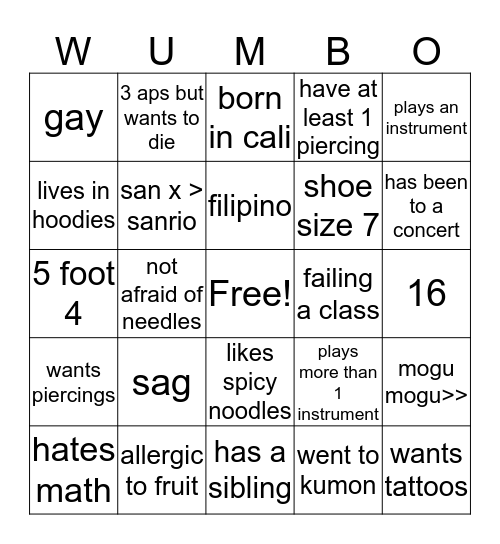 kirt’s wumbo! Bingo Card