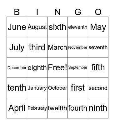 5x5 12 month and 12 numbers Bingo Card