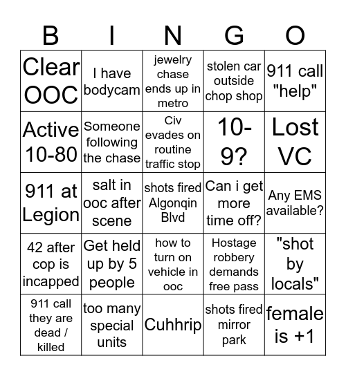 LARP Cop Bingo Card