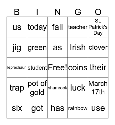 St. Patrick's Day BINGO Card