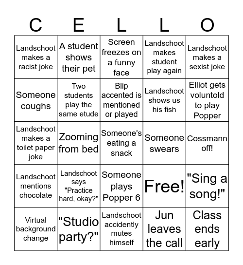 Cello Studio Bingo Card