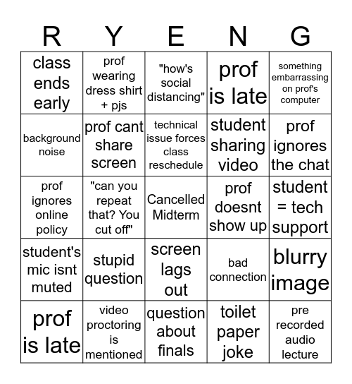 ONLINE CLASS BINGO: RYERSON U Bingo Card