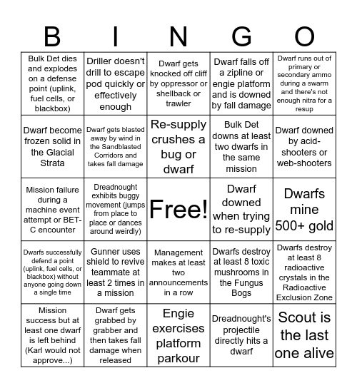 Deep Rock Galactic Bingo Card