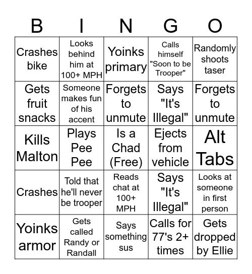 AJ Hunter Bingo Card