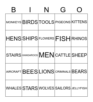 Collective Noun Bingo Card