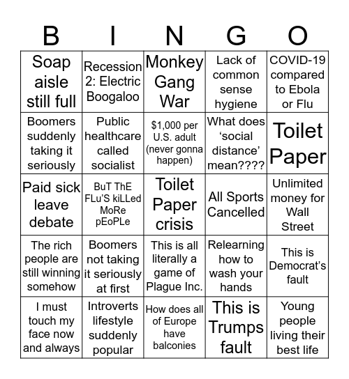 CoronaVirus Bingo Card