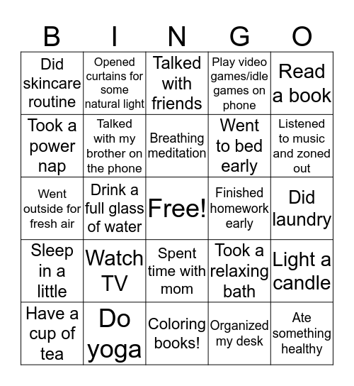Virtual ~ s e l f  c a r e ~ Bingo  Bingo Card
