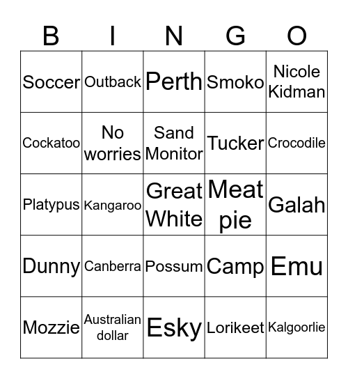 Aussie Bingo! Bingo Card