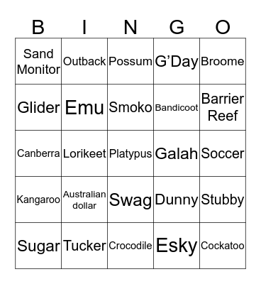 Aussie Bingo! Bingo Card