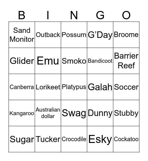 Aussie Bingo! Bingo Card