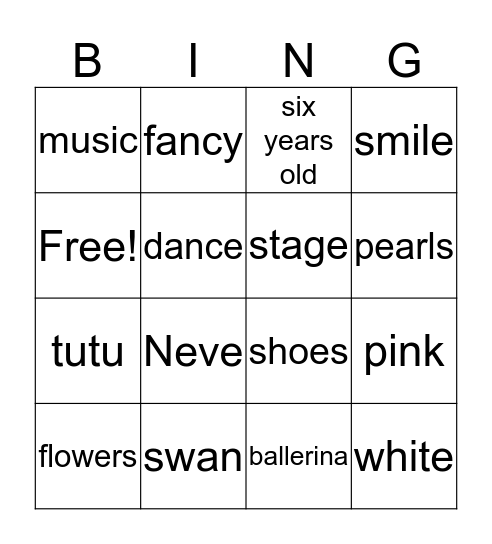 Neve's Ballerina Birthday Bingo  Bingo Card