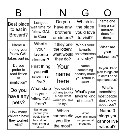Get to know your fellow GAL's! Bingo Card