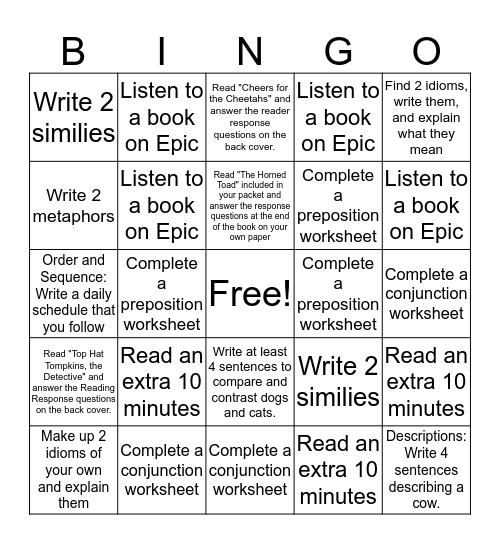 Reading Bingo Card