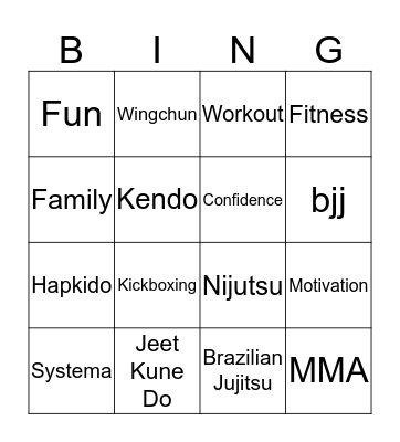 Martial Arts Bingo Card