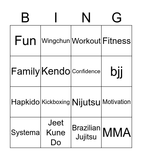 Martial Arts Bingo Card