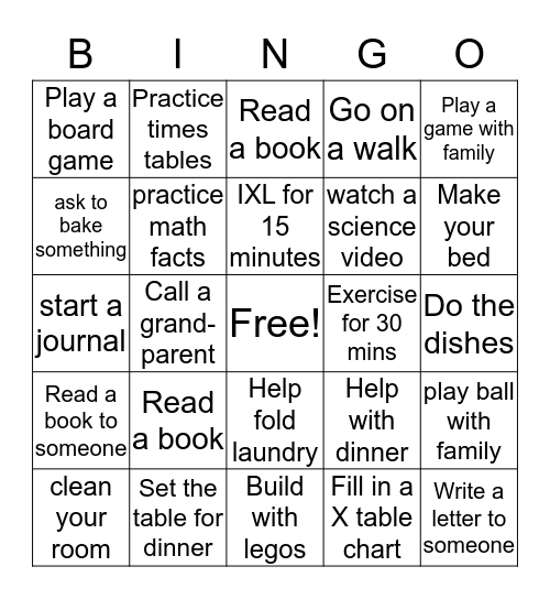 Stay at home Bingo Card