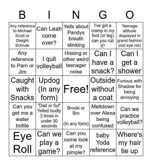 Things Jordan Will Do Today Bingo Card