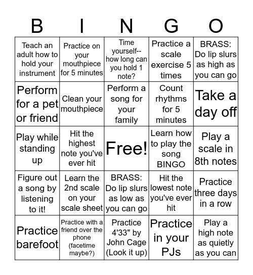 Spring Break Band Bingo! Bingo Card