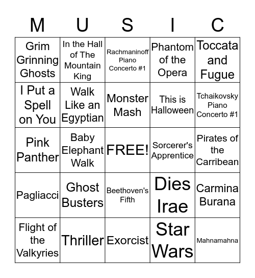 Halloween music bingo Card