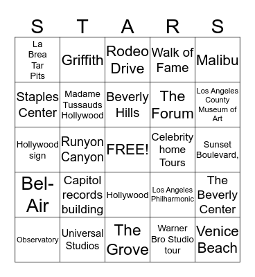 Let's Go Site Seeing Bingo Card
