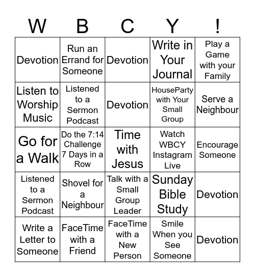 WBCY Engagement Challenge Bingo Card