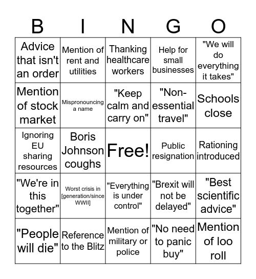 Coronavirus bingo! Bingo Card