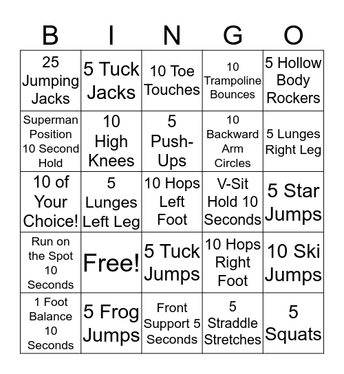 Body Development Bingo Card