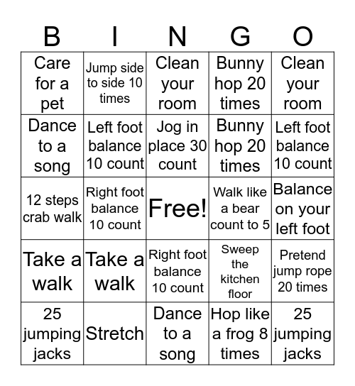 Activity Bingo Card