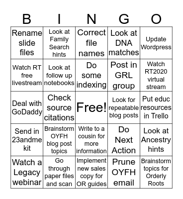 Genealogy Bingo Card