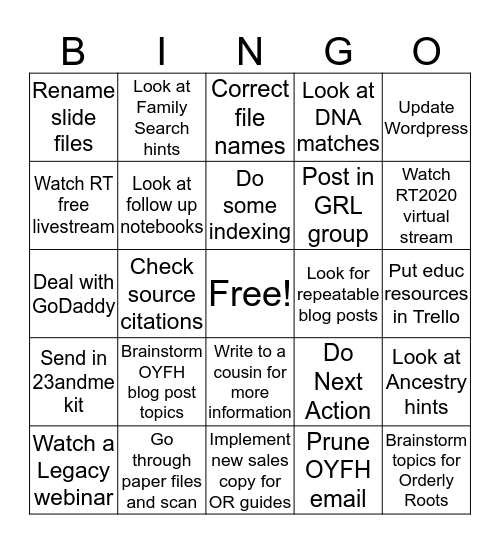 Genealogy Bingo Card