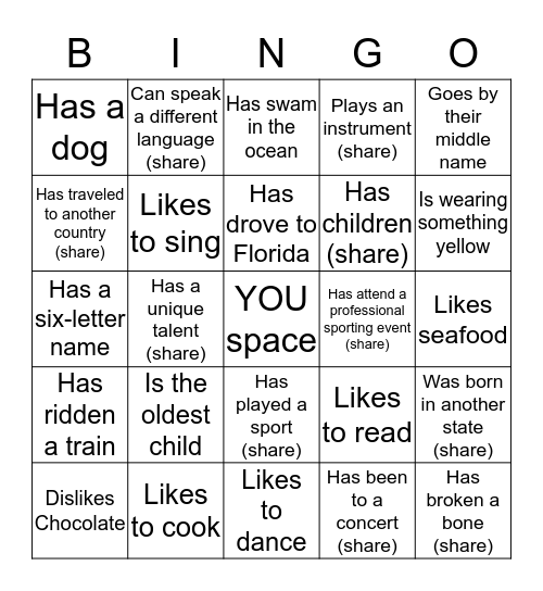 Getting to Know You Bingo Card