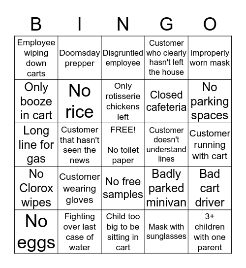 Costco Pandemic Bingo Card