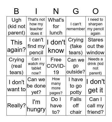 Home School COVID-19 Bingo Card
