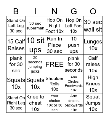FITNESS 5th and 6th grade Bingo Card
