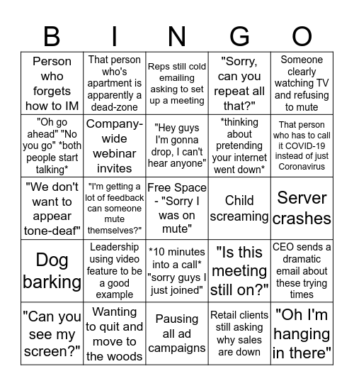 Coronavirus Quarantine Bingo Card