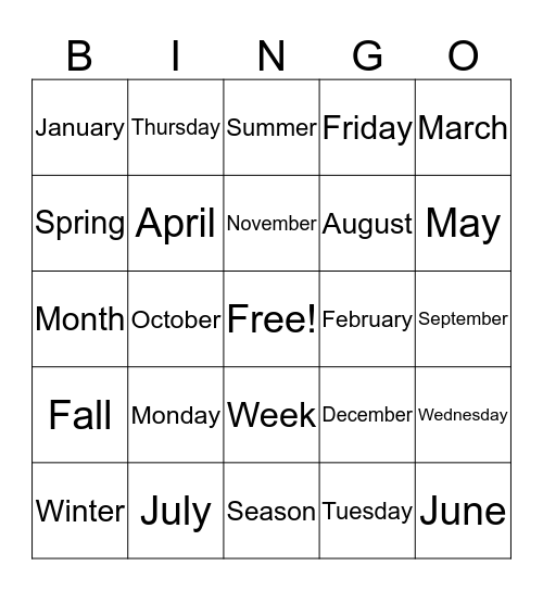 Things found on a Calendar Bingo Card