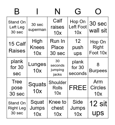 FITNESS 3rd-6th grade Bingo Card