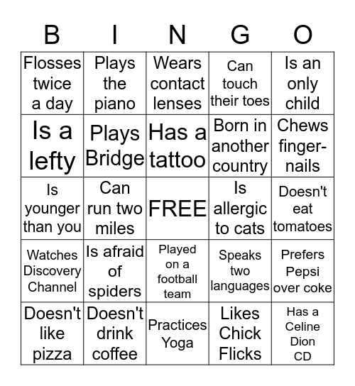 GETTING TO KNOW YOU Bingo Card