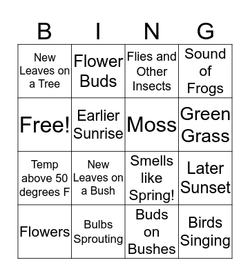 Signs of Spring Bingo Card