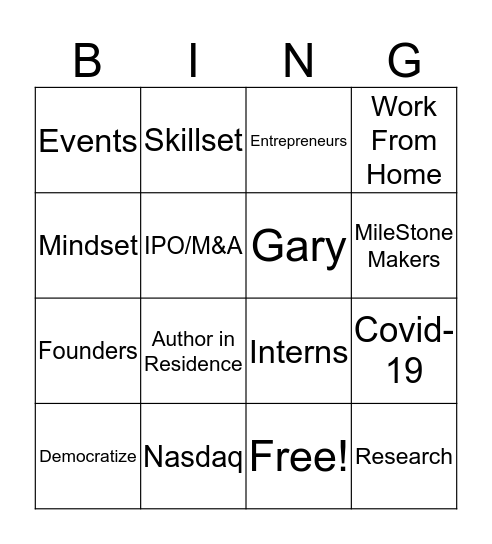 Nasdaq Entrepreneurial Center Bingo Card