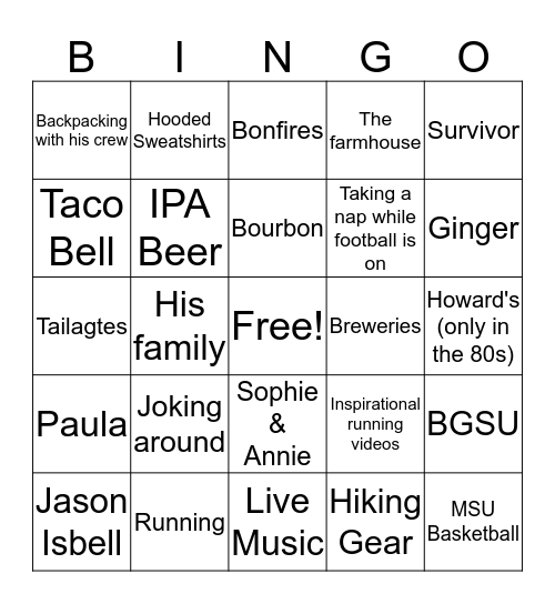 Tom Coleman's Favorite Things Bingo Card