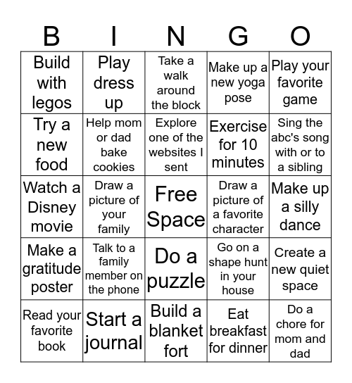Preschool Bingo Card