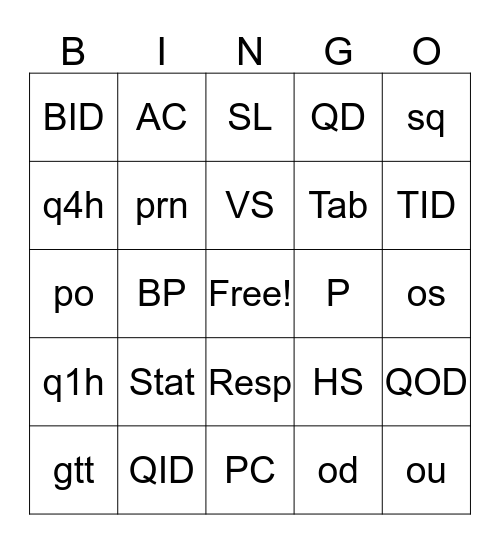 Medical Abbreviations Bingo Card