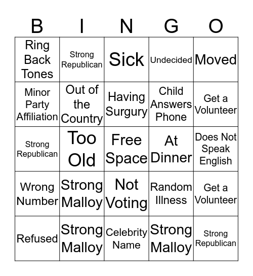 Phone Bank Bingo! Bingo Card