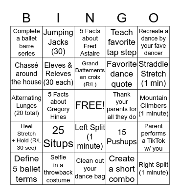 Spring Lake Theatre & Dance Bingo Card