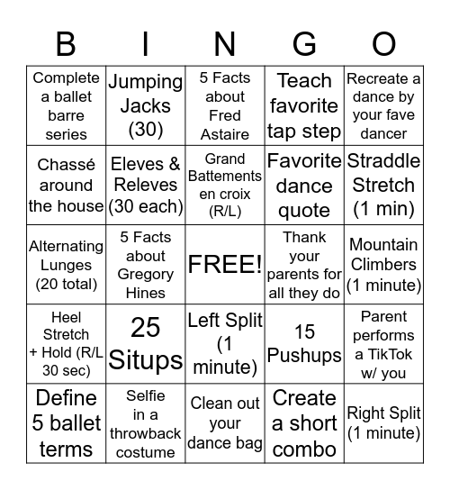 Spring Lake Theatre & Dance Bingo Card