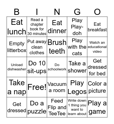 Daily Activities Bingo Card